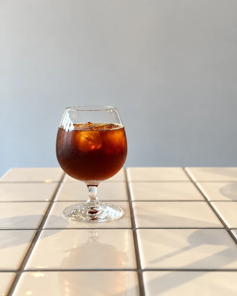 Iced coffee in a stemmed glass on a white tiled counter reflecting the light